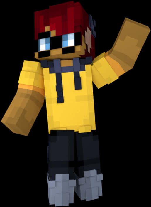 Minecraft Character 桌布 壁紙 — 一個像素角色，紅髮藍眼，穿著黃色連帽衫和黑色褲子，背景為黑色。