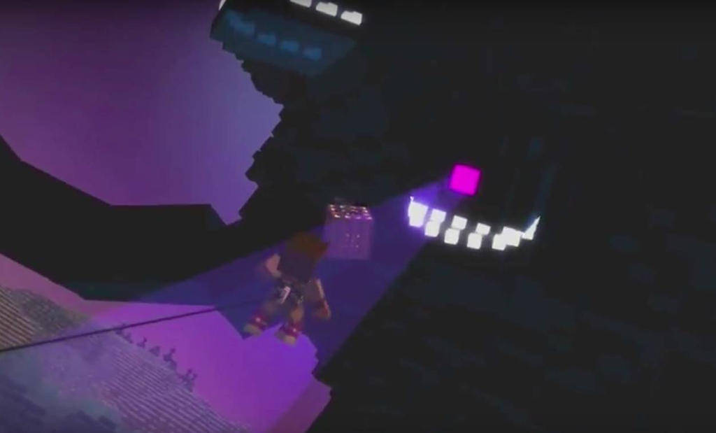 Wither 桌布 壁紙 — 一個像素角色在黑暗洞穴中拿著一個發光的紫色方塊，照亮了凹凸不平的石牆和遠處的發光結構。