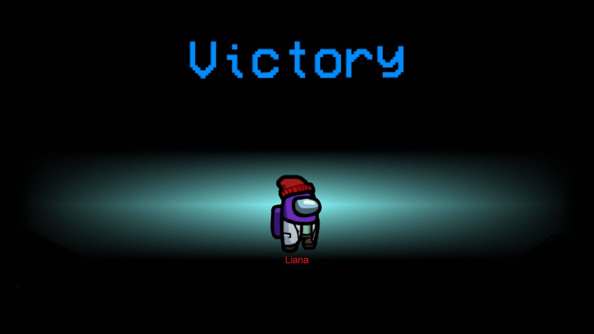 像素角色戴紅色無邊帽，在聚光燈下，上方有「Victory」文字。 — Among US 壁紙