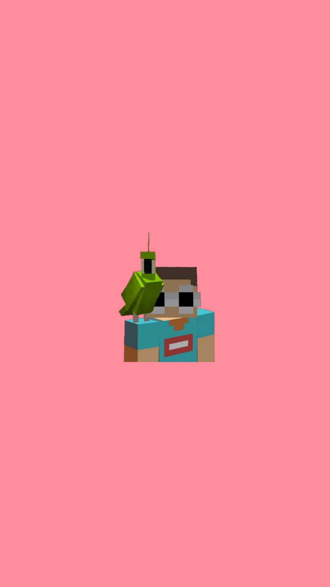 Cute Minecraft 桌布 壁紙 — 一個像素角色戴著綠色葉子帽，站在純粉紅色背景中央。