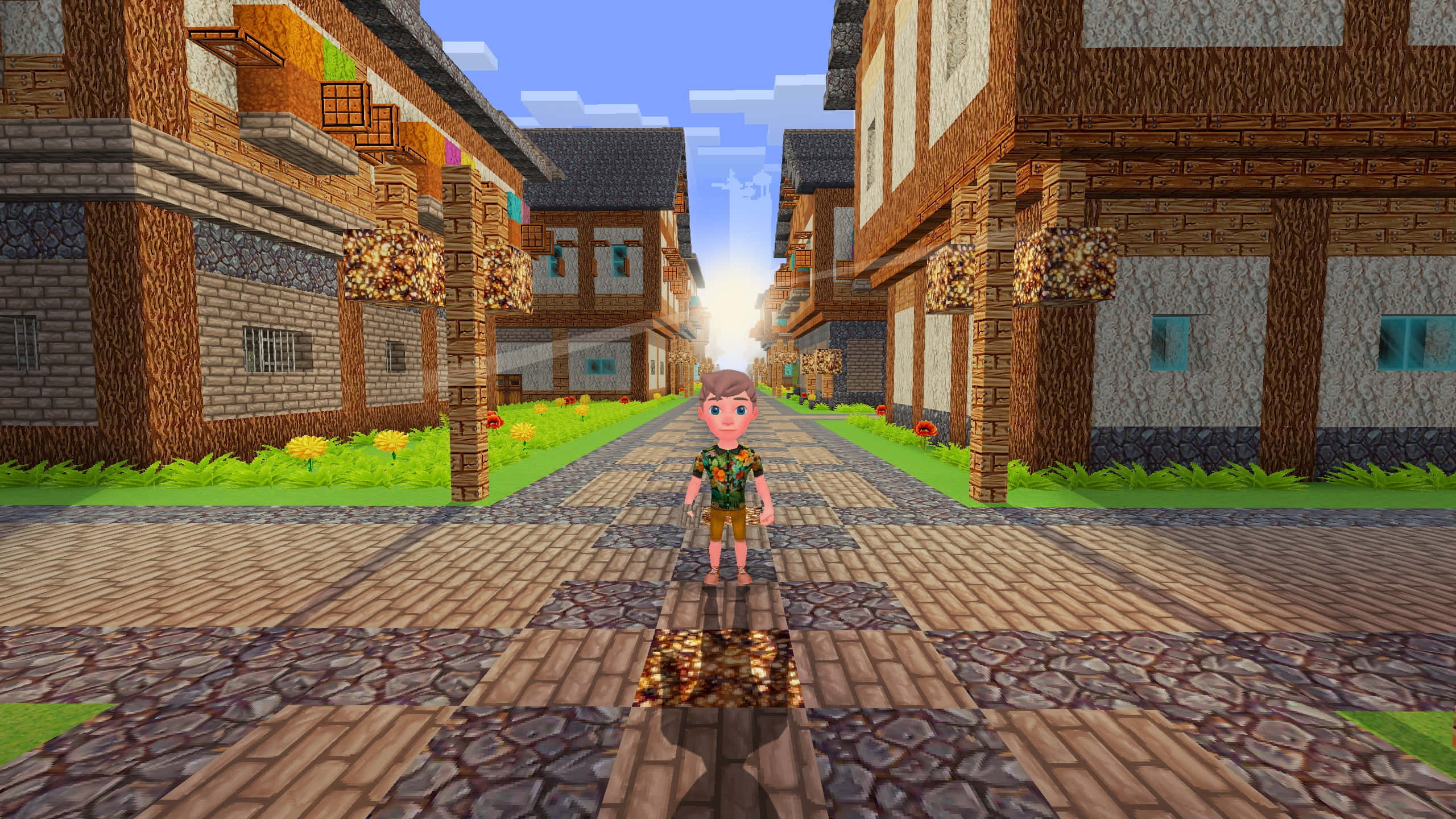 Minecraft Adventure 桌布 壁紙 — 一個像素角色站在鵝卵石街道中央，兩旁是木造和石造建築，上方是明亮的藍天。