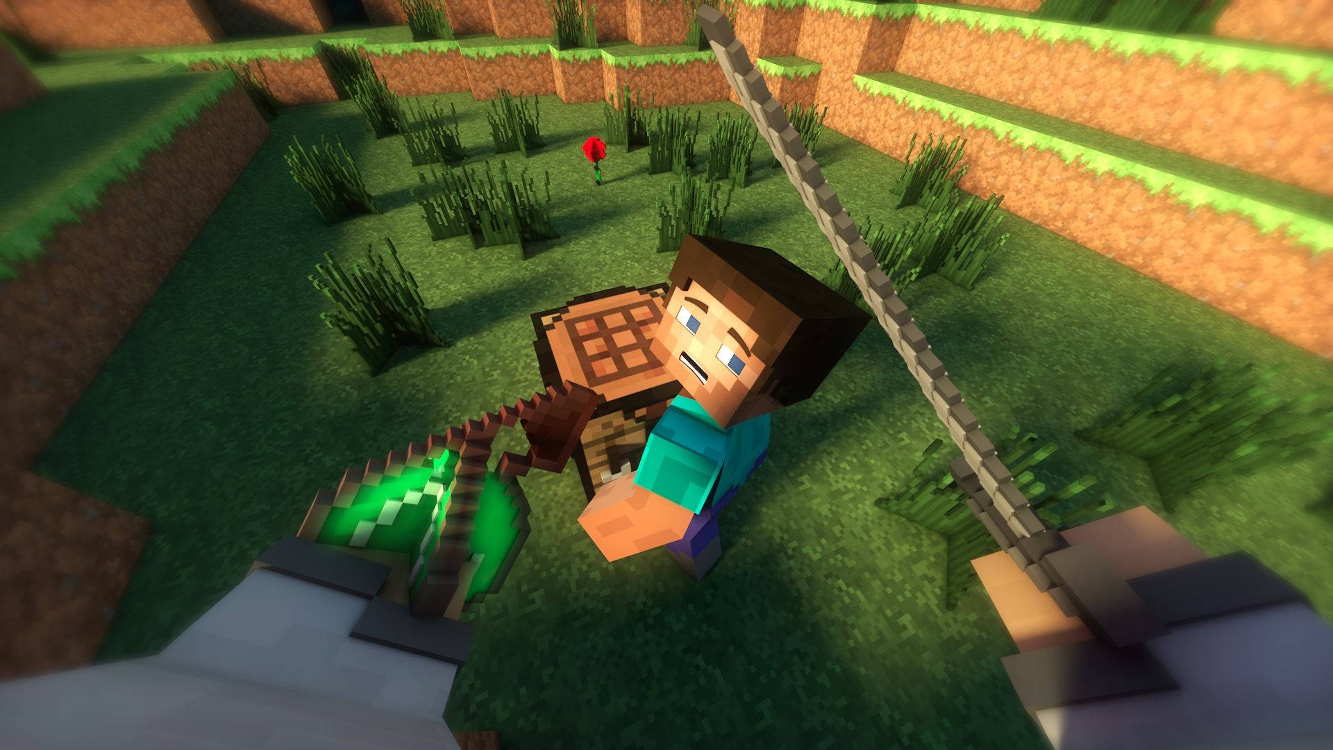  壁紙 — 一個像素風格的Minecraft玩家在草地生物群落中手持劍和盾牌，附近有一朵紅花。