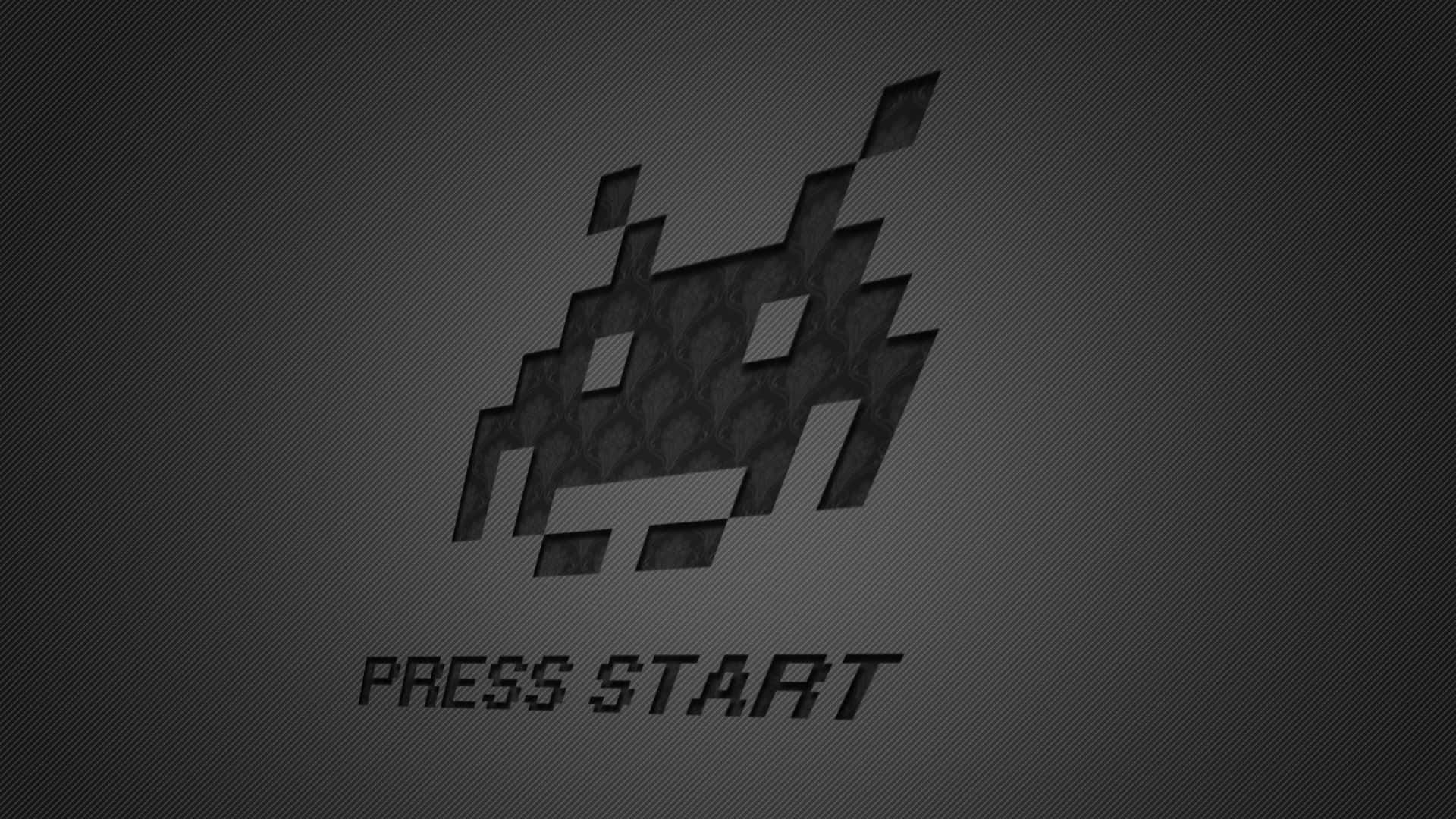 Retro 桌布 壁紙 — 一個像素風格的外星飛船圖示，帶有 'PRESS START' 文字，背景為深色紋理。