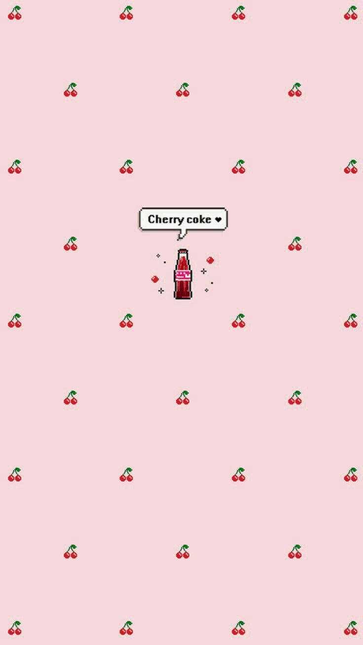 cute iPhone lock screen 桌布 壁紙 — 一個像素風格的櫻桃可樂瓶和對話框，位於淺粉紅色背景中央，背景散落著小櫻桃圖標。
