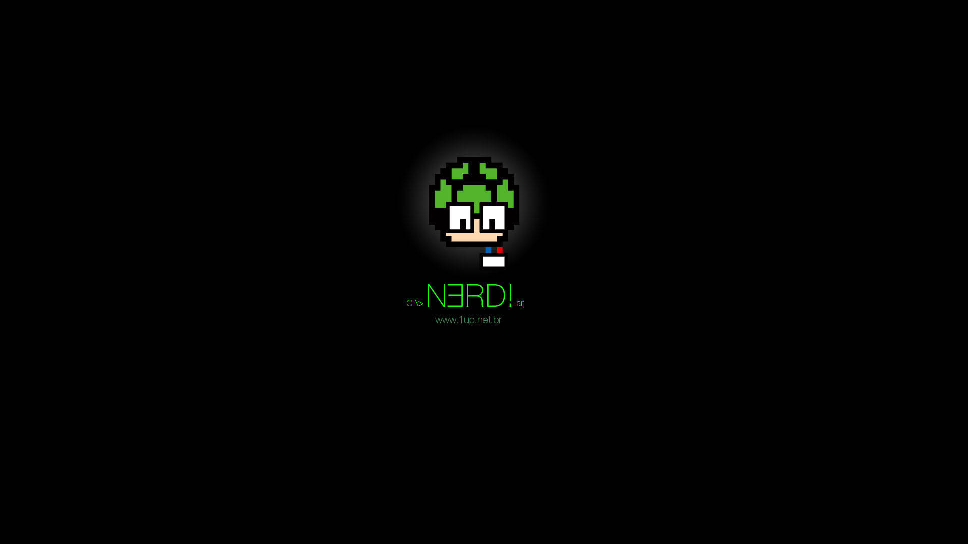 Nerd 桌布 壁紙 — 一個像素風格的綠髮白眼睛角色在黑色背景上發光，下方有「NERDI」文字。
