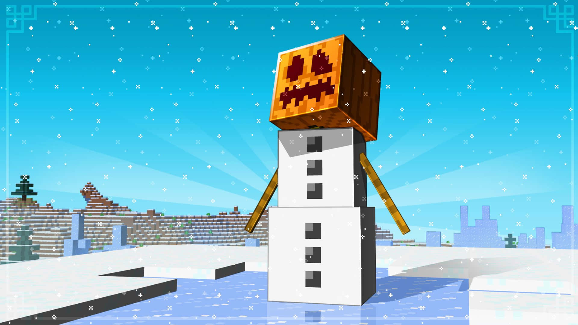 Minecraft Snow Golem 桌布 壁紙 — 一個像素風格的雪人，頭部是傑克南瓜燈，站在積雪的Minecraft風景中，背景是星空藍天。