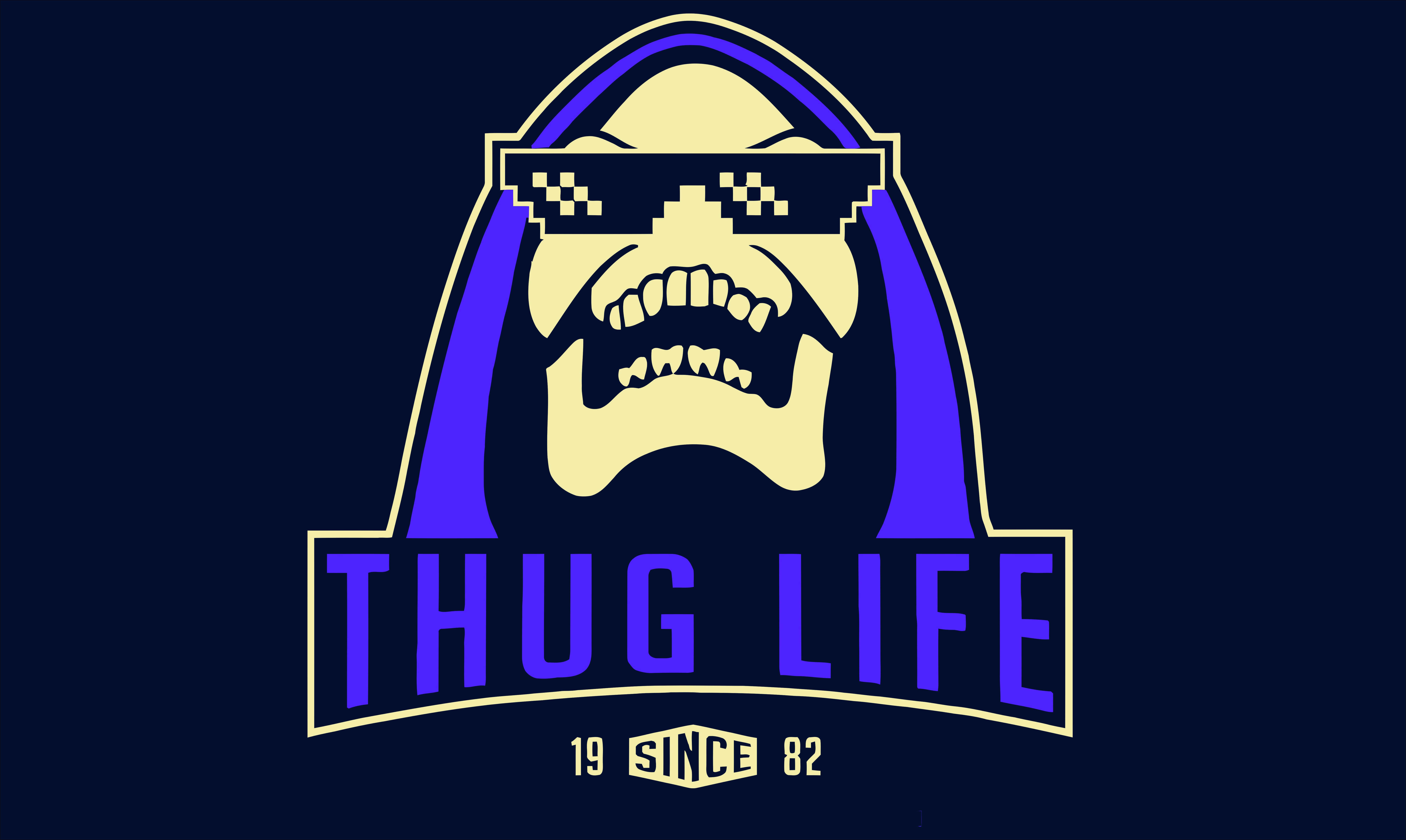 1980s 桌布 壁紙 — 一個像素風格的骷髏頭戴著太陽眼鏡，下方有「THUG LIFE」文字，背景為深藍色。