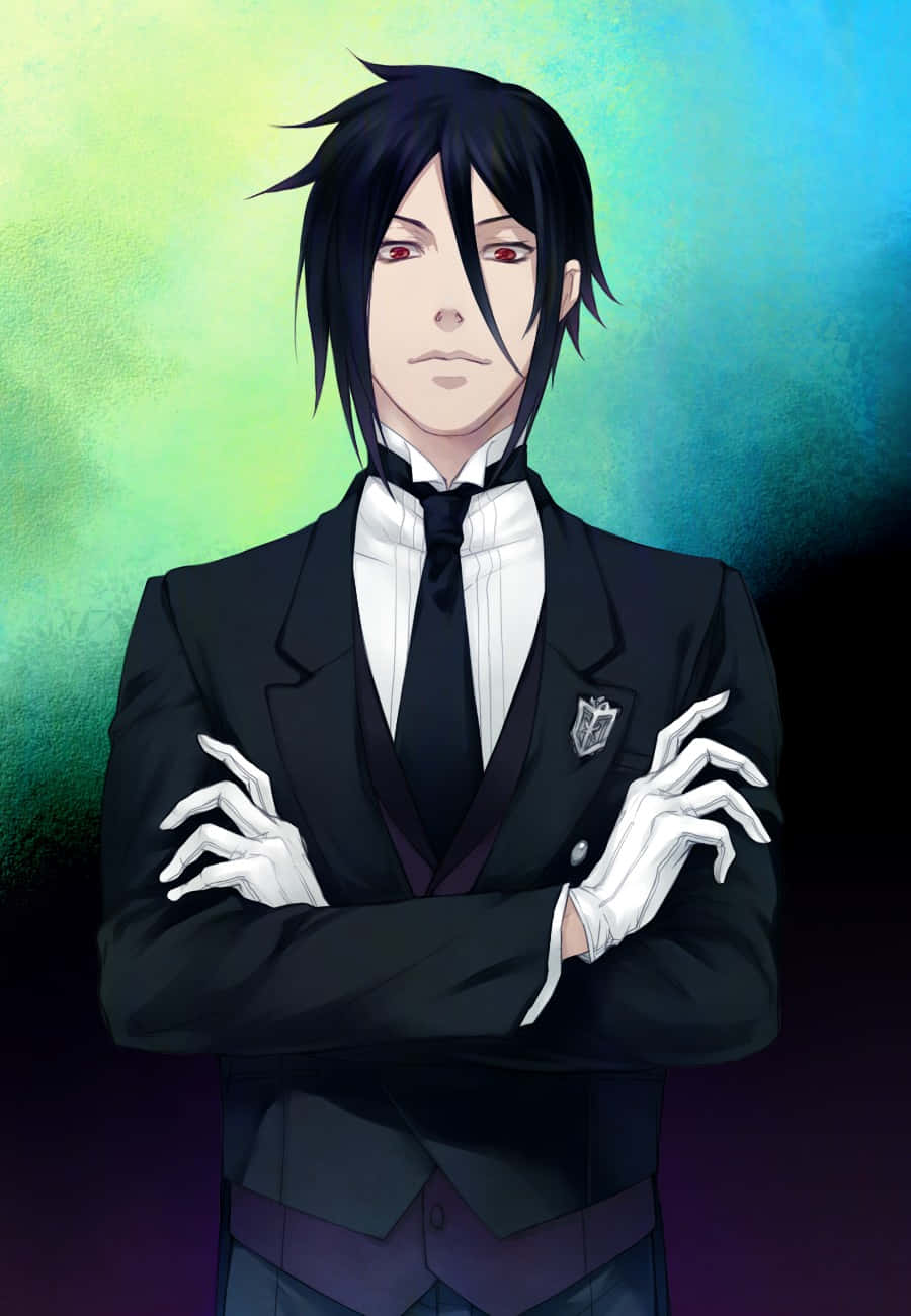 sebastian michaelis 桌布 壁紙 — 一個優雅的動漫角色，身穿黑色西裝和白色手套，雙臂交叉，站在充滿活力的綠色和藍色漸變背景前。