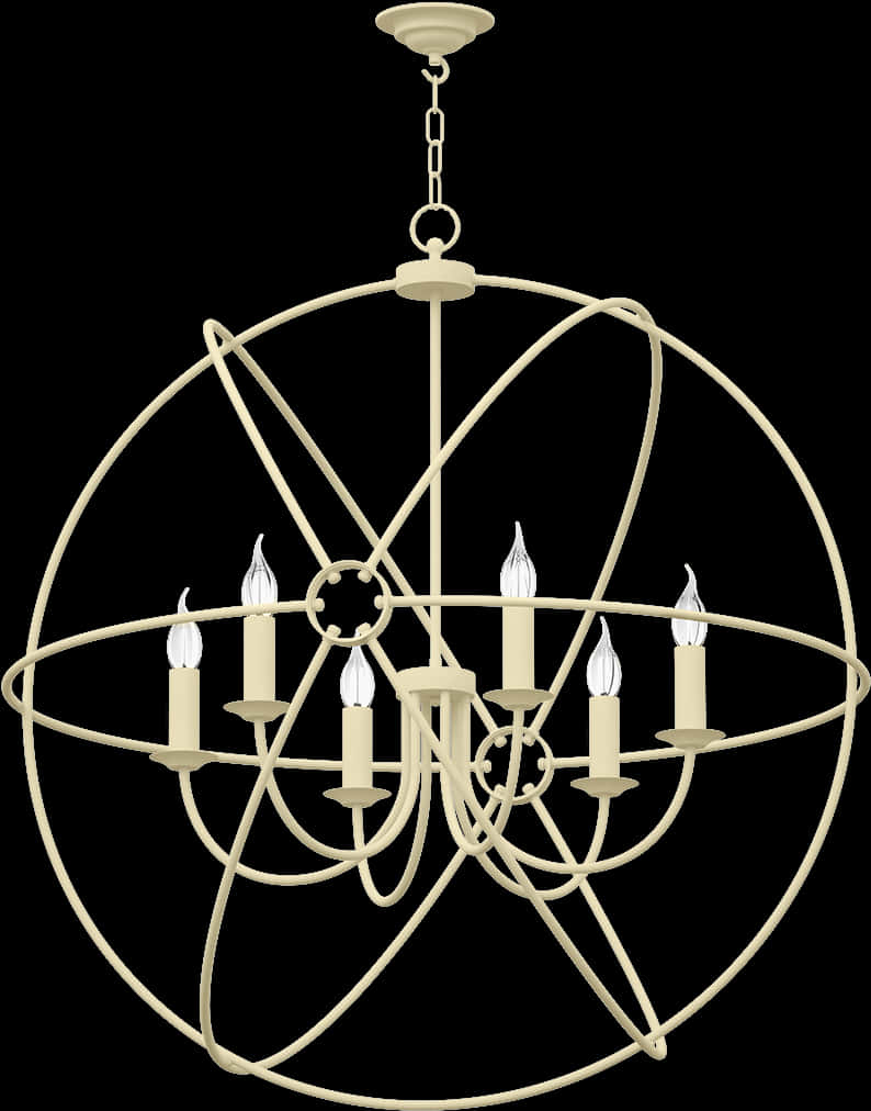 Chandelier 桌布 壁紙 — 一個優雅的奶油色球形吊燈，帶有交叉環和六個點亮的蠟燭風格燈泡，背景為黑色。