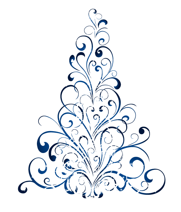 Christmas Clip Art 桌布 壁紙 — 一個優雅的藍色裝飾漩渦設計，形狀像聖誕樹，背景為白色。