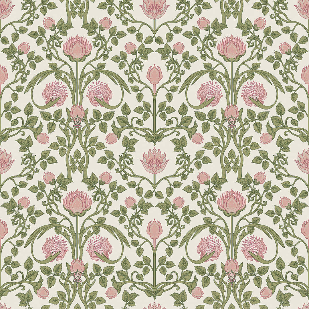Beautiful Pattern 桌布 壁紙 — 一個優雅的重複壁紙圖案，在奶油色背景上帶有粉紅色風格化的花朵和綠色藤蔓。