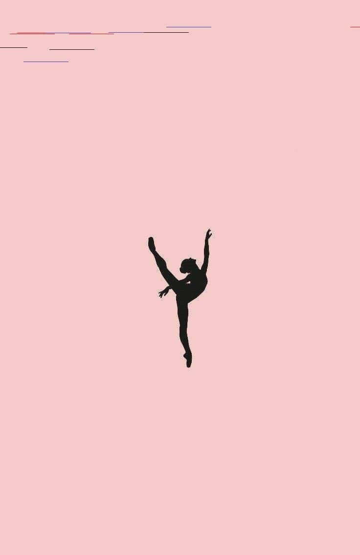 Ballet Dancer 桌布 壁紙 — 一個優雅的黑色芭蕾舞者剪影，正在跳躍中，背景是柔和的粉紅色，帶有細小的彩色線條。