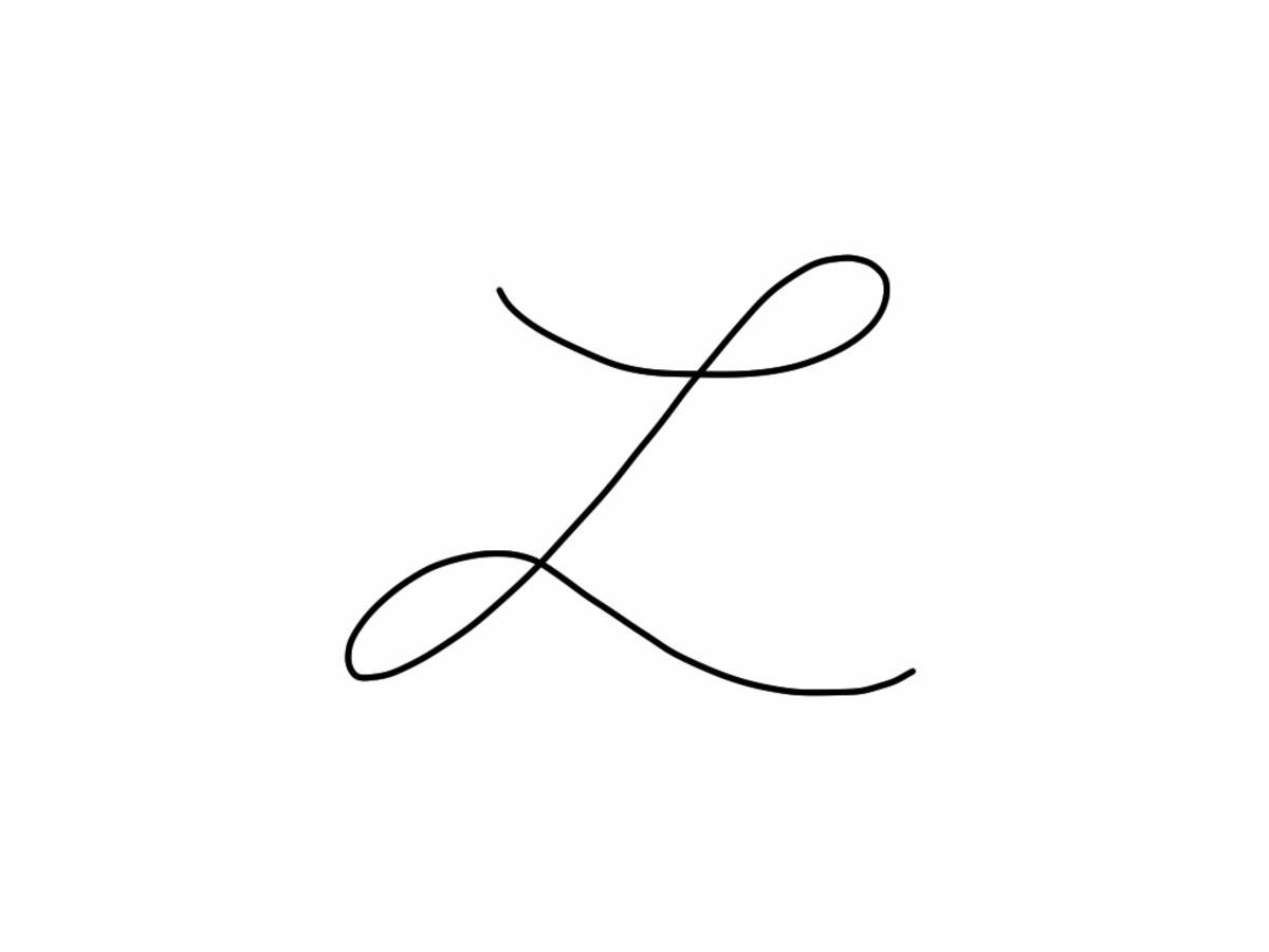 L 桌布 壁紙 — 一個優雅的黑色草寫字母L，以流暢的線條繪製在純白色背景上。