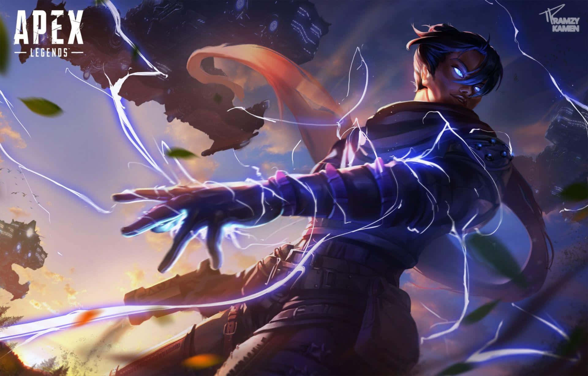 Apex Legends Crypto 桌布 壁紙 — 一個充滿動感的Apex Legends角色在戲劇性的日落天空下，以發光的藍色弧線引導電能。