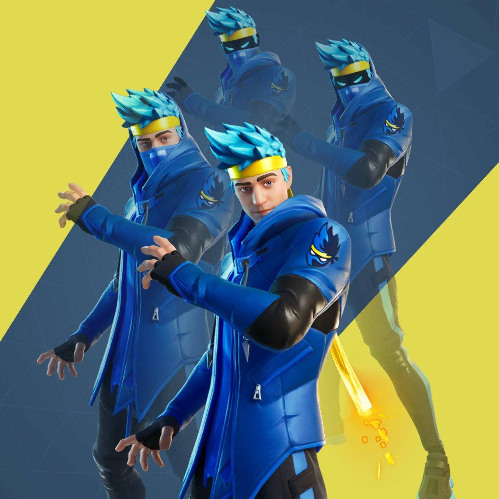 Ninja Fortnite 桌布 壁紙 — 一個充滿動感的Fortnite角色穿著藍色忍者裝備，在鮮明的黃色和深藍色幾何背景前擺姿勢。