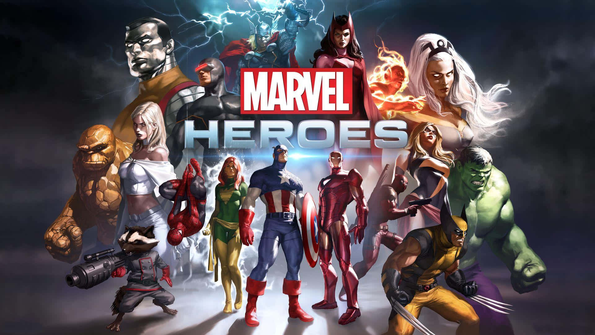 桌布 壁紙 — 一個充滿動感的Marvel超級英雄團隊，包括浩克、美國隊長和金鋼狼，在風暴背景前英勇站立，Marvel Heroes標誌在他們上方發光。