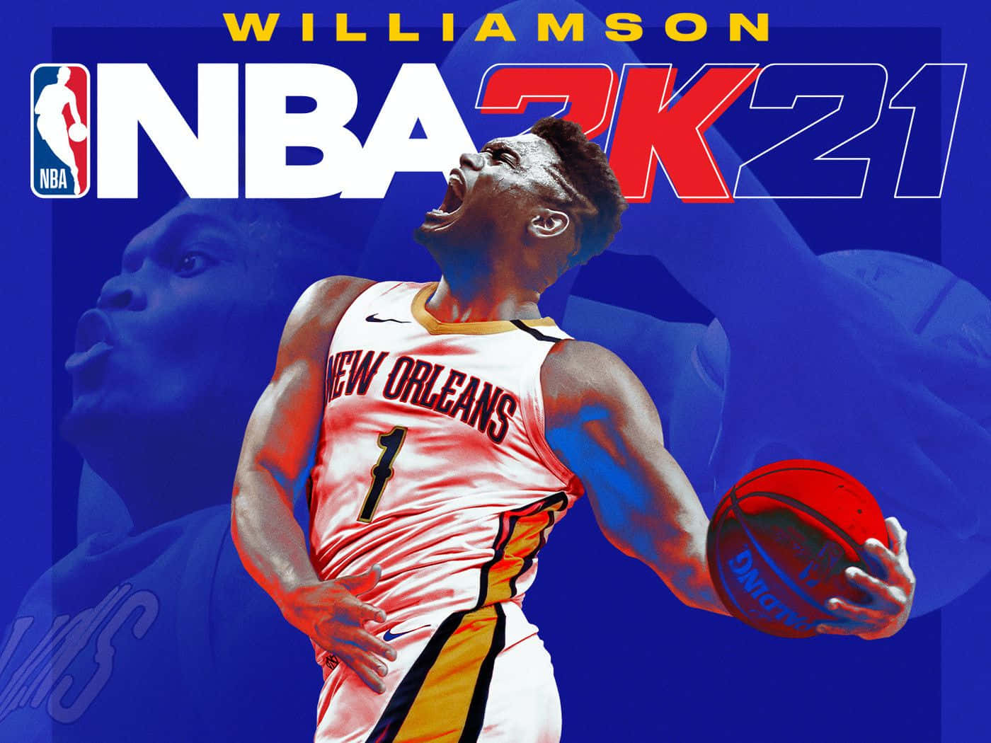 NBA 2k21 桌布 壁紙 — 一個充滿動感的NBA 2K21封面， featuring Zion Williamson 身穿紐奧良球衣，正在灌籃，表情強烈。