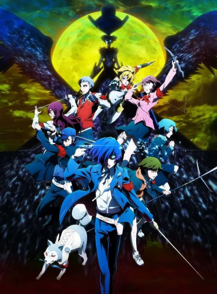 persona 5 4K 桌布 壁紙 — 一個充滿動感的動漫團體，年輕戰士手持劍和弓箭，站在一個巨大的黃色月亮前，月亮上有陰影人物和翅膀。