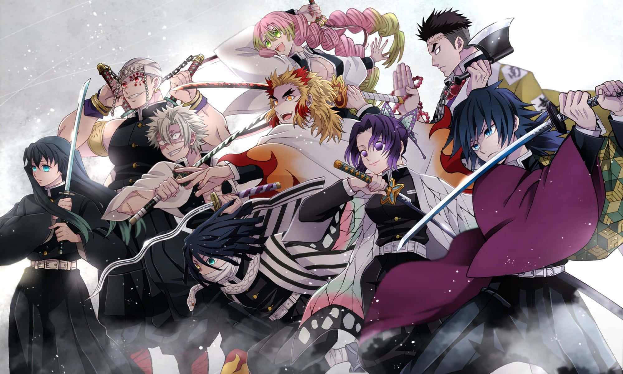 Demon Slayer Manga 桌布 壁紙 — 一個充滿動感的動漫團體，揮舞劍的戰士穿著傳統和現代服裝，在旋轉的雪和煙霧中衝突。
