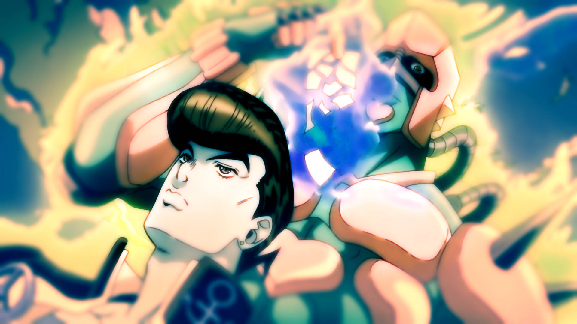 Josuke 桌布 壁紙 — 一個充滿動感的動漫場景，一個堅定的年輕人在熾熱的黃色能量中面對一個發光的藍色裝甲對手。