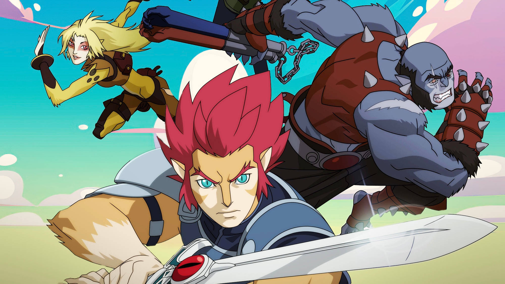 Thundercats 桌布 壁紙 — 一個充滿動感的動漫場景，展示一位紅髮戰士手持劍、一位金髮女戰士和一位像大猩猩的戰士在色彩繽紛的天空下激烈戰鬥。