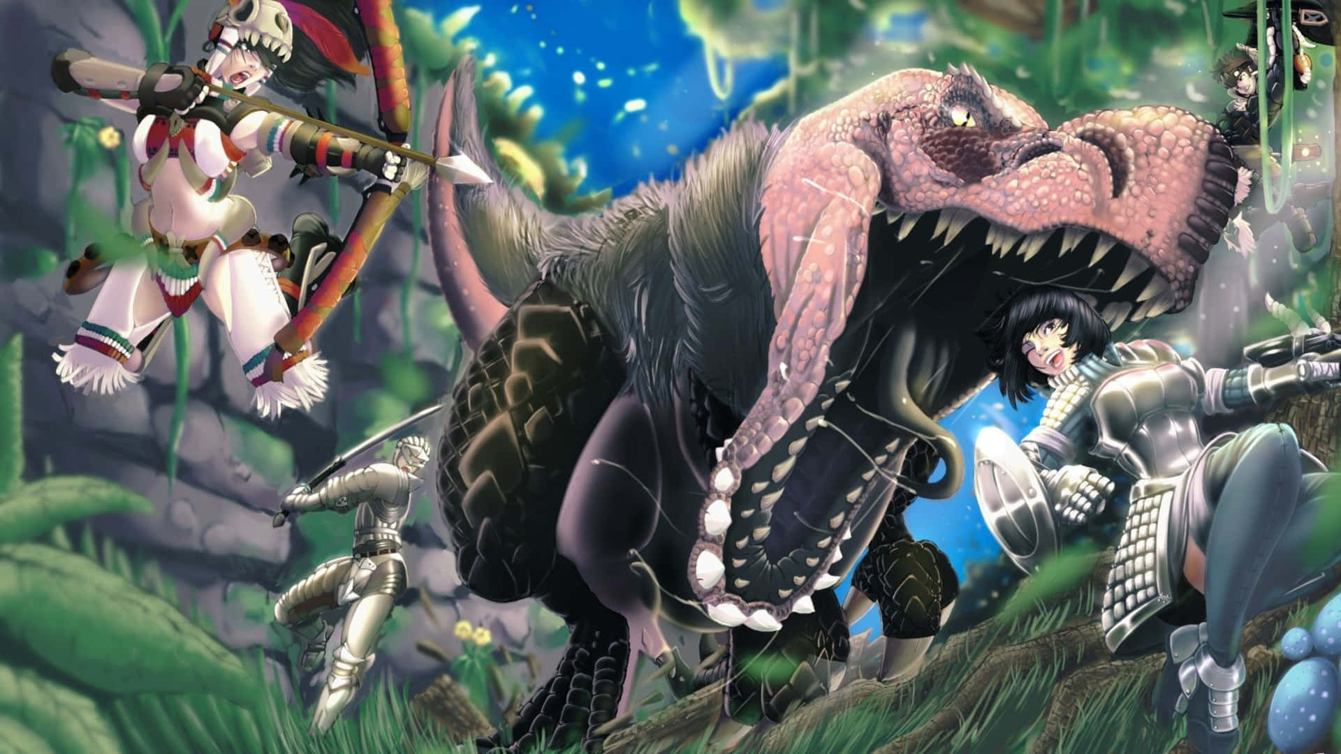HD Monster Hunter World 桌布 壁紙 — 一個充滿動感的動漫場景，展示了身穿盔甲的獵人在茂密的綠色叢林中與一隻巨大的粉紅色恐龍戰鬥。