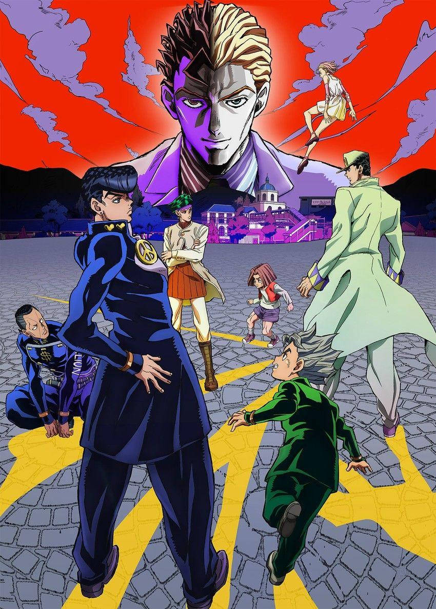 Jojo Phone 桌布 壁紙 — 一個充滿動感的動漫場景，角色們穿著鮮豔的服裝，站在鵝卵石廣場上，天空火紅。