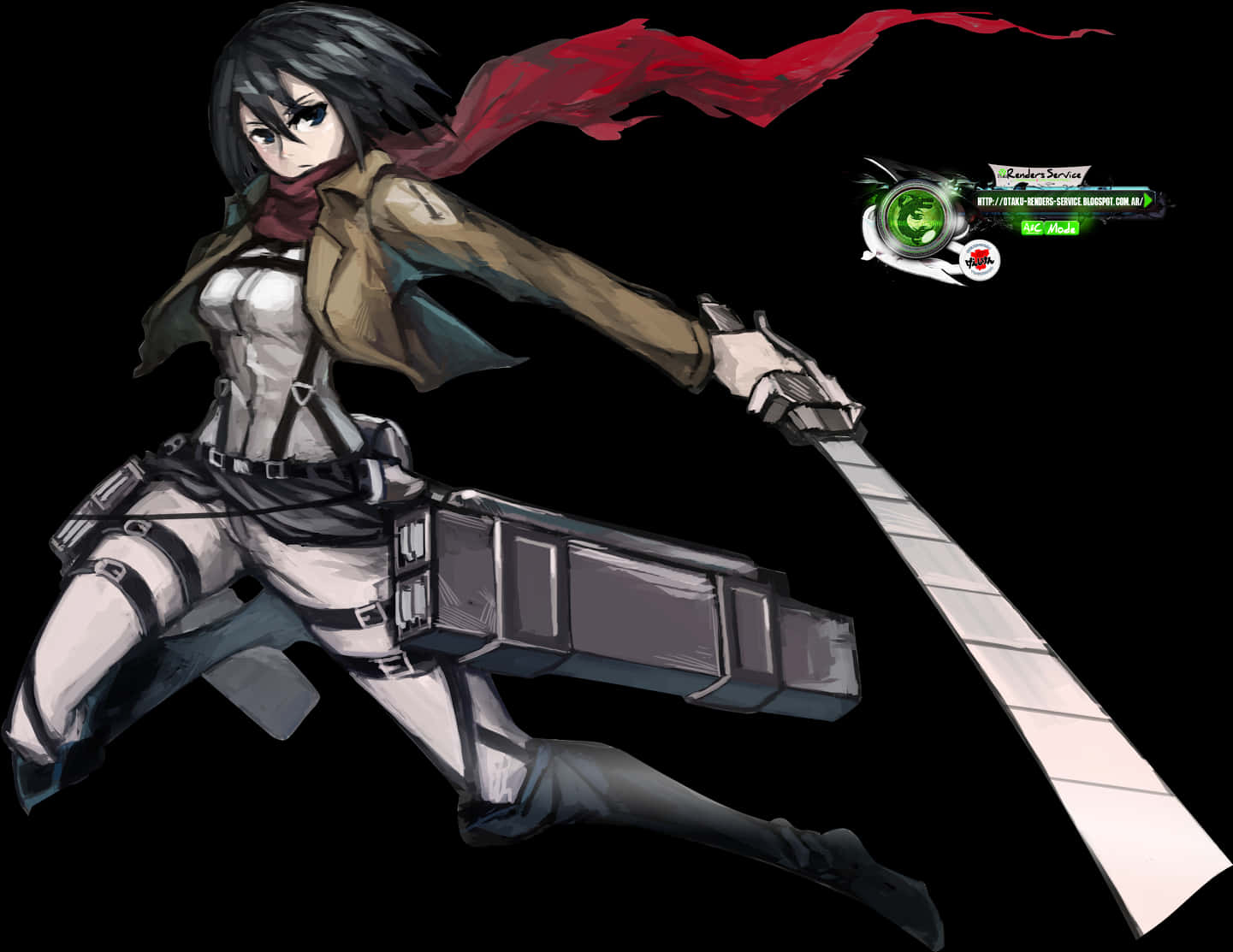 Mikasa 桌布 壁紙 — 一個充滿動感的動漫女孩，戴著紅色圍巾和裝備，在黑色背景上揮舞著一把巨大的劍。