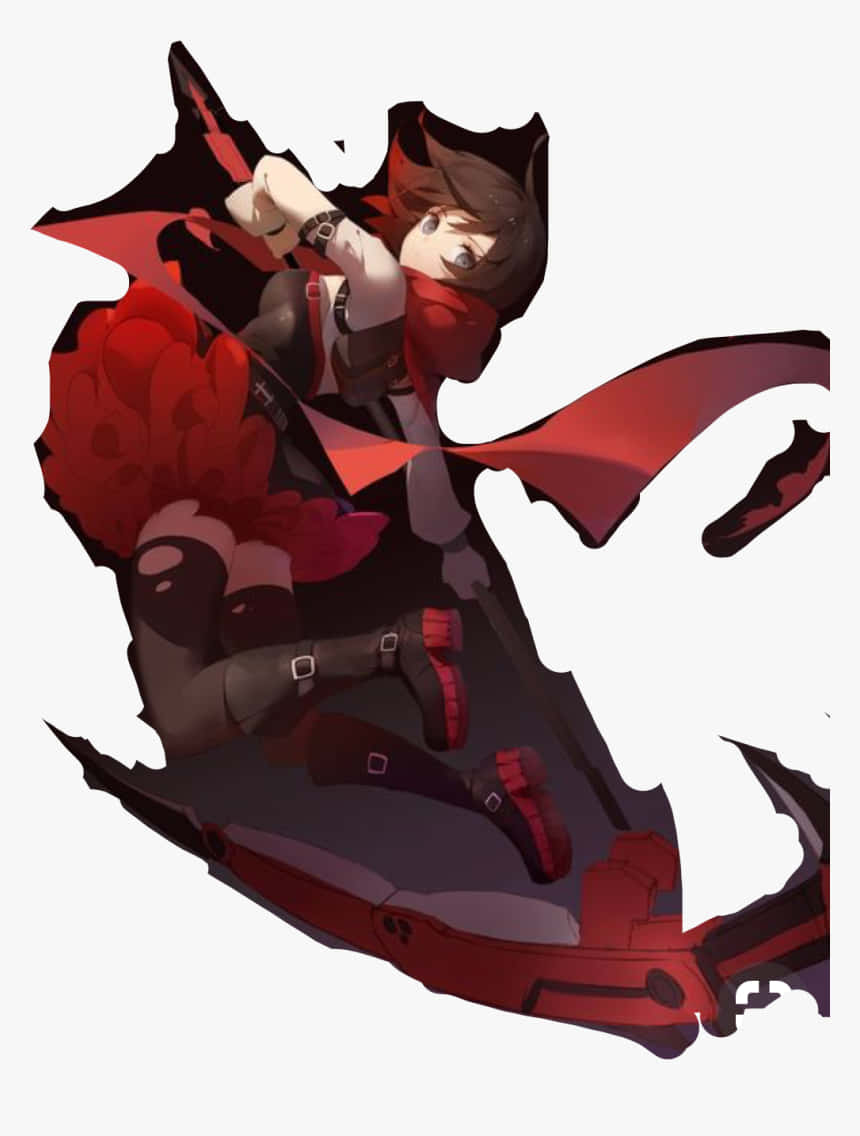 Rwby 桌布 壁紙 — 一個充滿動感的動漫女孩，披著紅色斗篷和機械肢體，以風格化的動作姿勢向前跳躍。