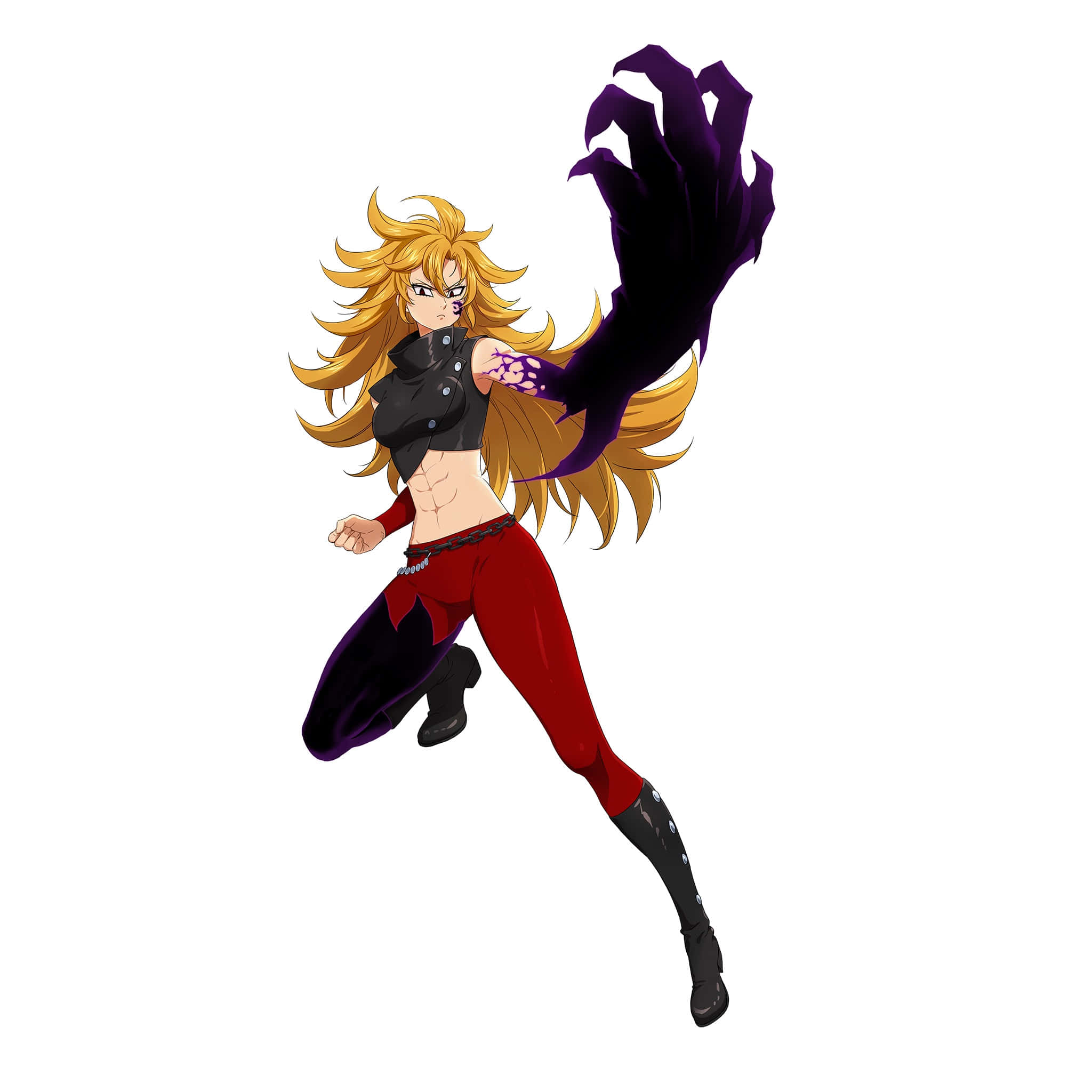 Seven Deadly Sins Derieri 桌布 壁紙 — 一個充滿動感的動漫女孩，擁有尖刺金髮和紫色利爪手臂，以戰鬥姿態向前猛衝。