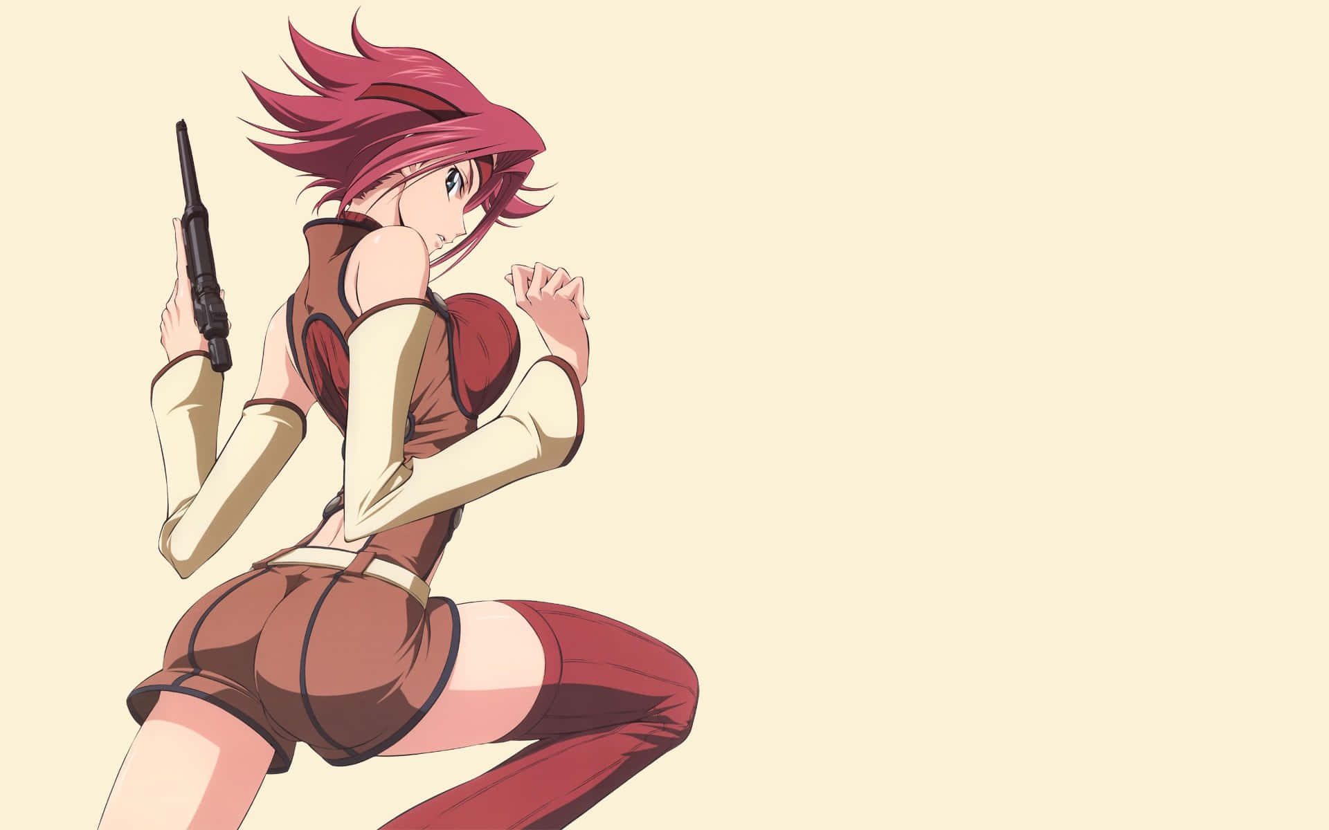 Kallen Stadtfeld 桌布 壁紙 — 一個充滿動感的動漫女孩，擁有尖刺的粉紅色頭髮，蹲著拿著手槍，背景是純米色。