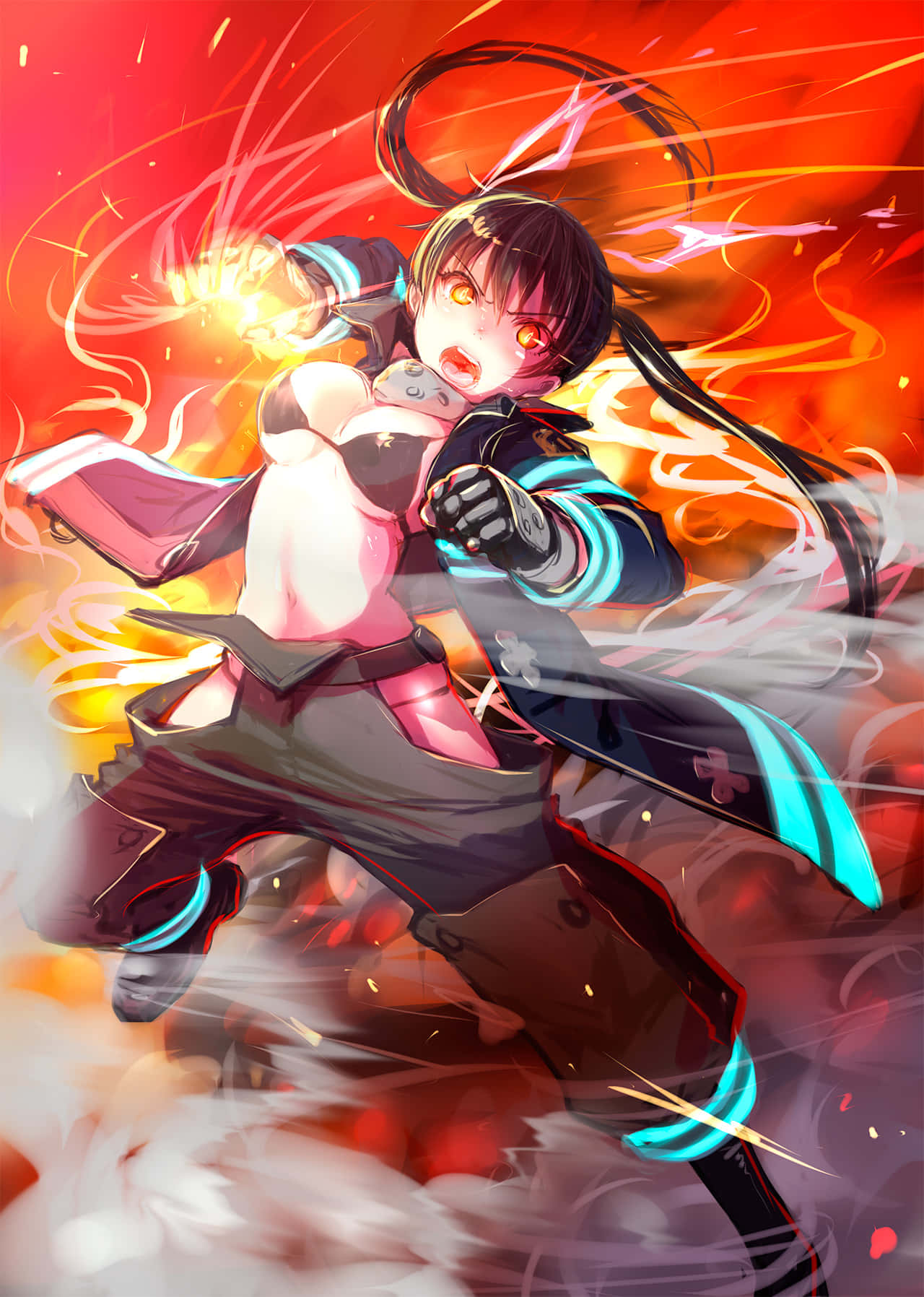 Tamaki Fire Force 桌布 壁紙 — 一個充滿動感的動漫女孩，擁有發光的眼睛和熾熱的光環，在充滿活力的紅色和橙色爆炸中釋放出強大的能量衝擊波。