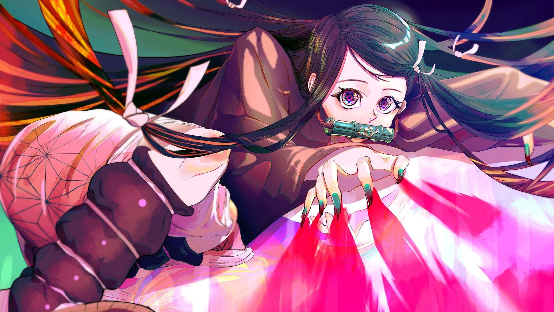 Nezuko Desktop 桌布 壁紙 — 一個充滿動感的動漫女孩，擁有紫色眼睛和飄逸的深色頭髮，向前傾身，手持發光的粉紅色布料，穿著傳統服裝。