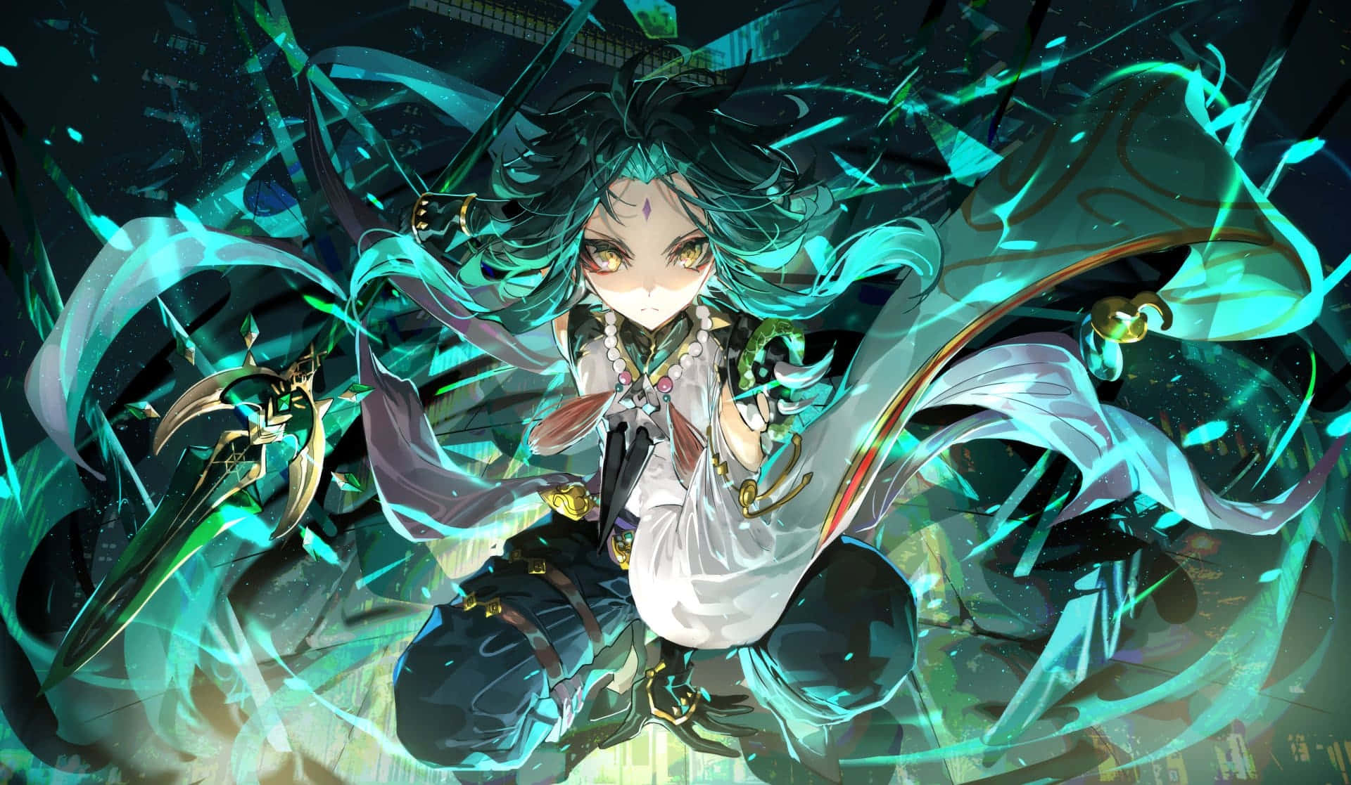 Genshin Impact Characters 桌布 壁紙 — 一個充滿動感的動漫女孩，擁有青綠色頭髮和發光的眼睛，在黑暗奇幻場景中揮舞著劍，周圍環繞著旋轉的能量。
