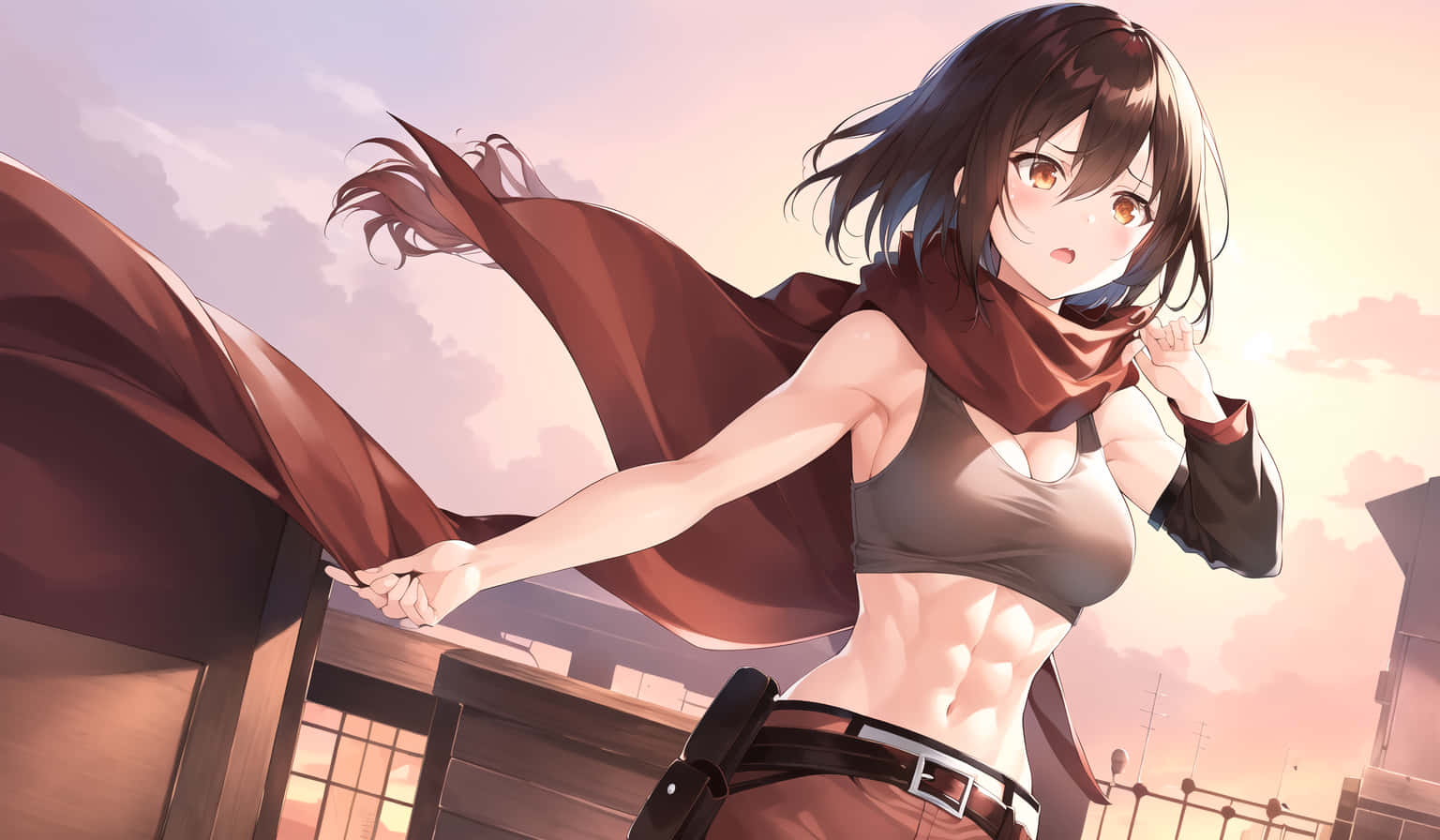 動漫女孩 桌布 壁紙 — 一個充滿動感的動漫女孩，棕色頭髮，披著斗篷，站在夕陽下的屋頂上，肌肉線條分明，雙眼圓睜，充滿決心。