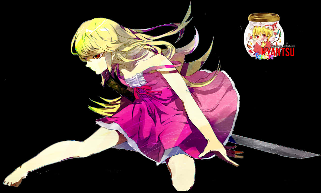 Shinobu 桌布 壁紙 — 一個充滿動感的動漫女孩，金髮紅眼，身穿洋紅色連衣裙，在黑色背景前向前衝刺。