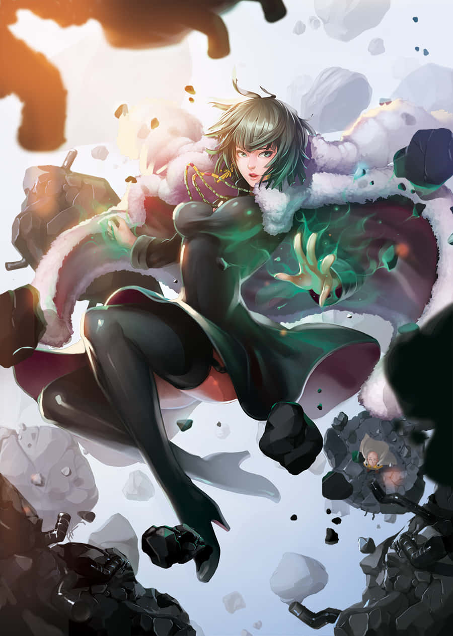Hellish Blizzard 桌布 壁紙 — 一個充滿動感的動漫女孩，銀色頭髮和綠色光環，漂浮在破碎的岩石和漂浮的碎片之間。