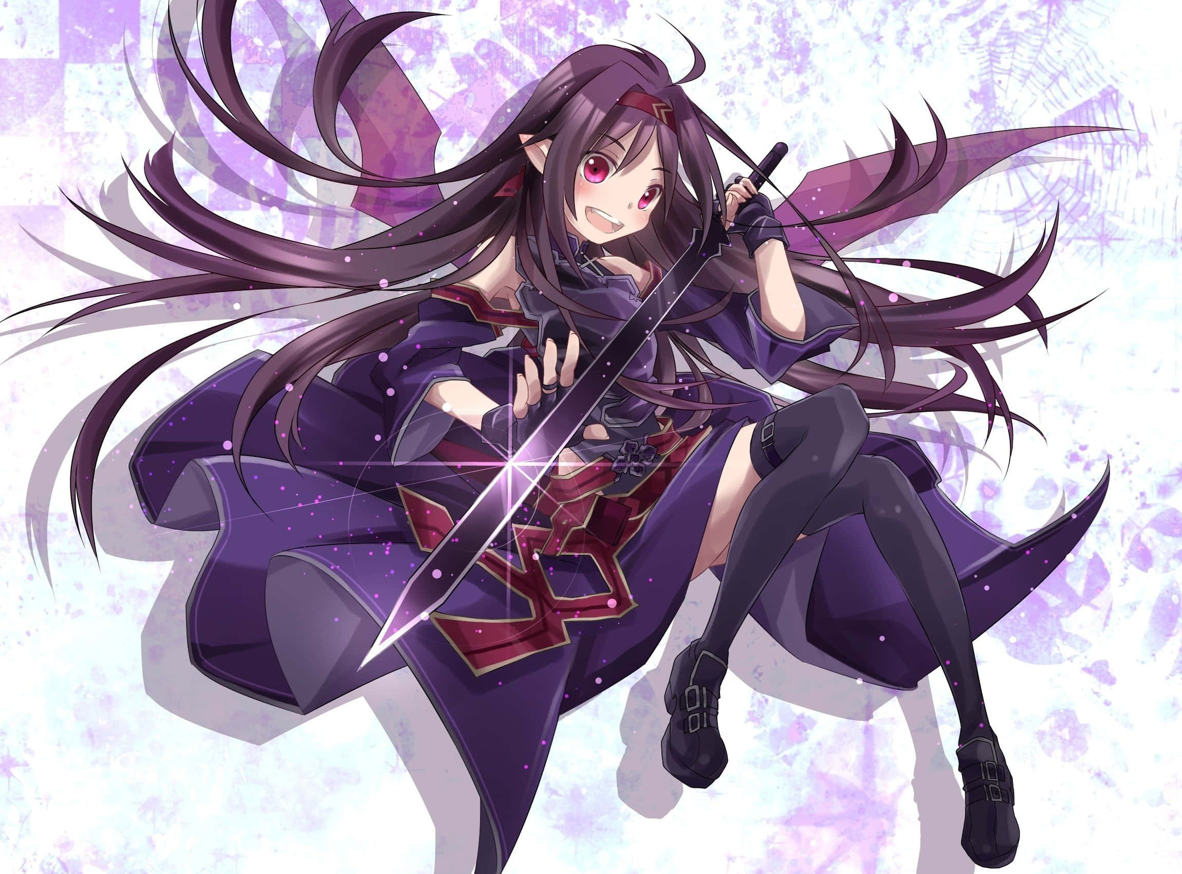 Yuuki Konno 桌布 壁紙 — 一個充滿動感的動漫女孩，長長的紫色頭髮，在閃爍的紫色和白色背景上揮舞著發光的劍。