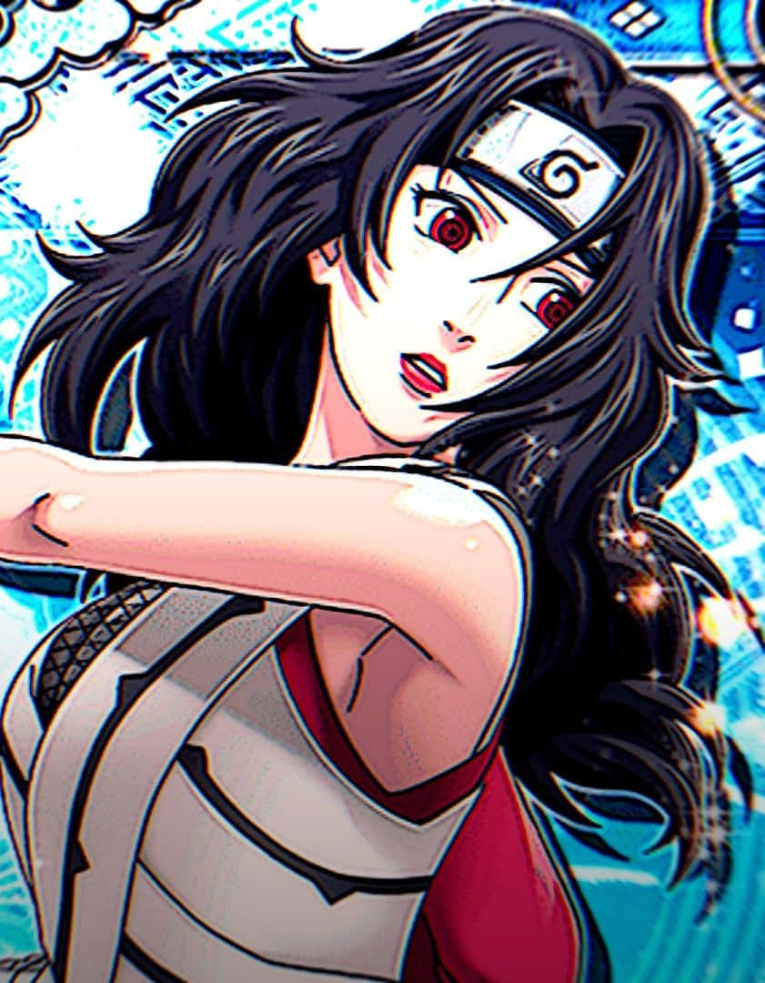 Kurenai Yuhi 桌布 壁紙 — 一個充滿動感的動漫女孩，黑髮紅眼，在充滿活力的藍色漫畫風格背景前擺出強有力的姿勢。
