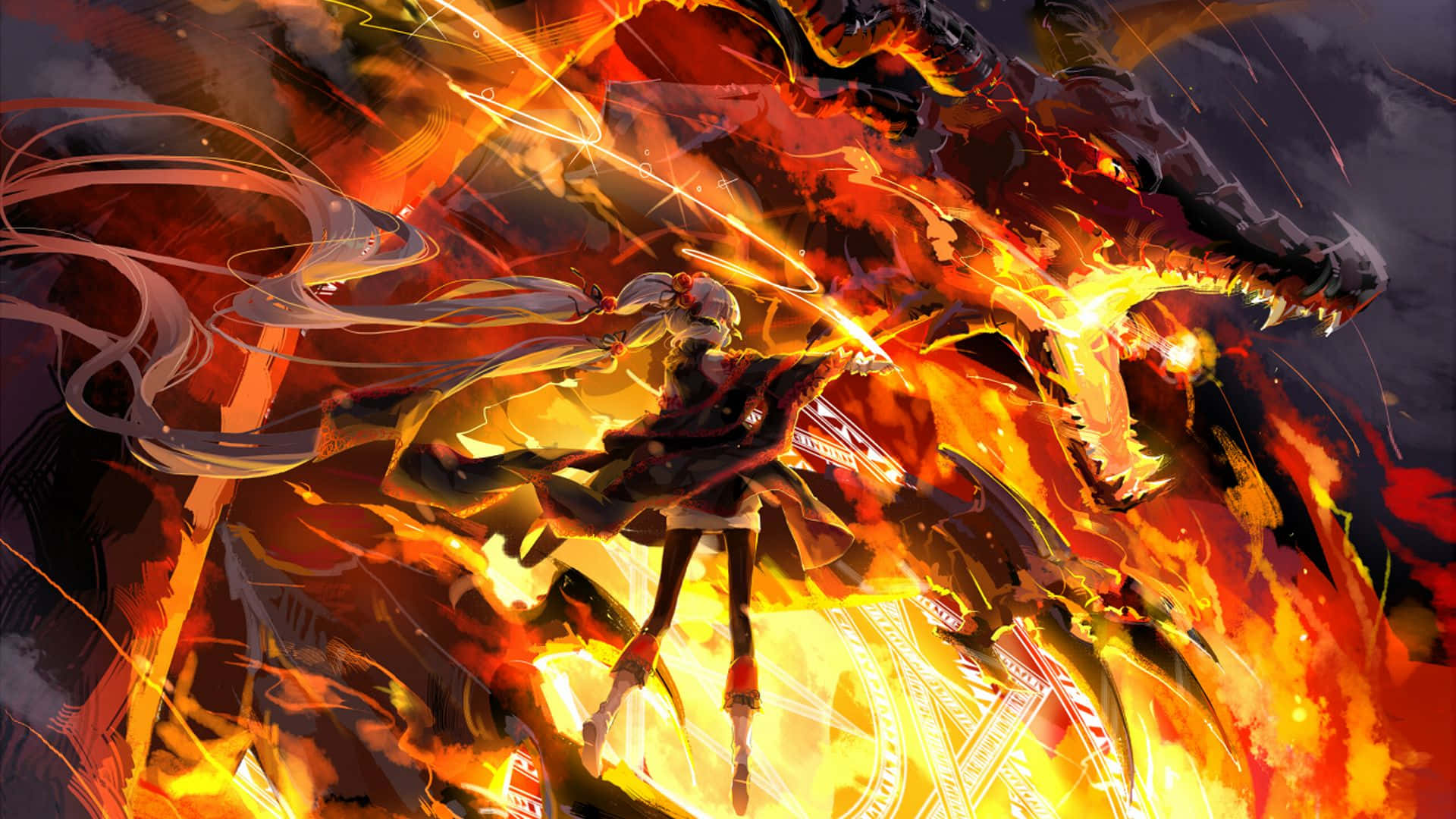 龍 桌布 壁紙 — 一個充滿動感的動漫女孩揮舞著發光的刀刃，對抗一隻巨大的火焰巨龍，展開一場爆炸性的戰鬥。