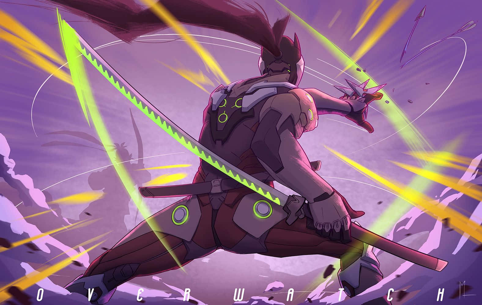 Overwatch Genji 桌布 壁紙 — 一個充滿動感的動漫戰士，揮舞著發光的綠色劍，背景是帶有黃色能量條紋的紫色天空。
