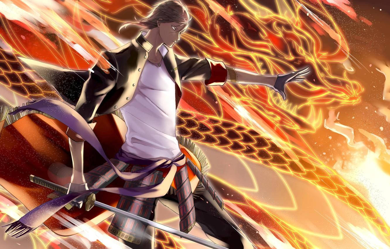 Fire Anime 桌布 壁紙 — 一個充滿動感的動漫戰士將熾熱的能量引導到身後發光的龍形中，處於熾熱的戰鬥場景。