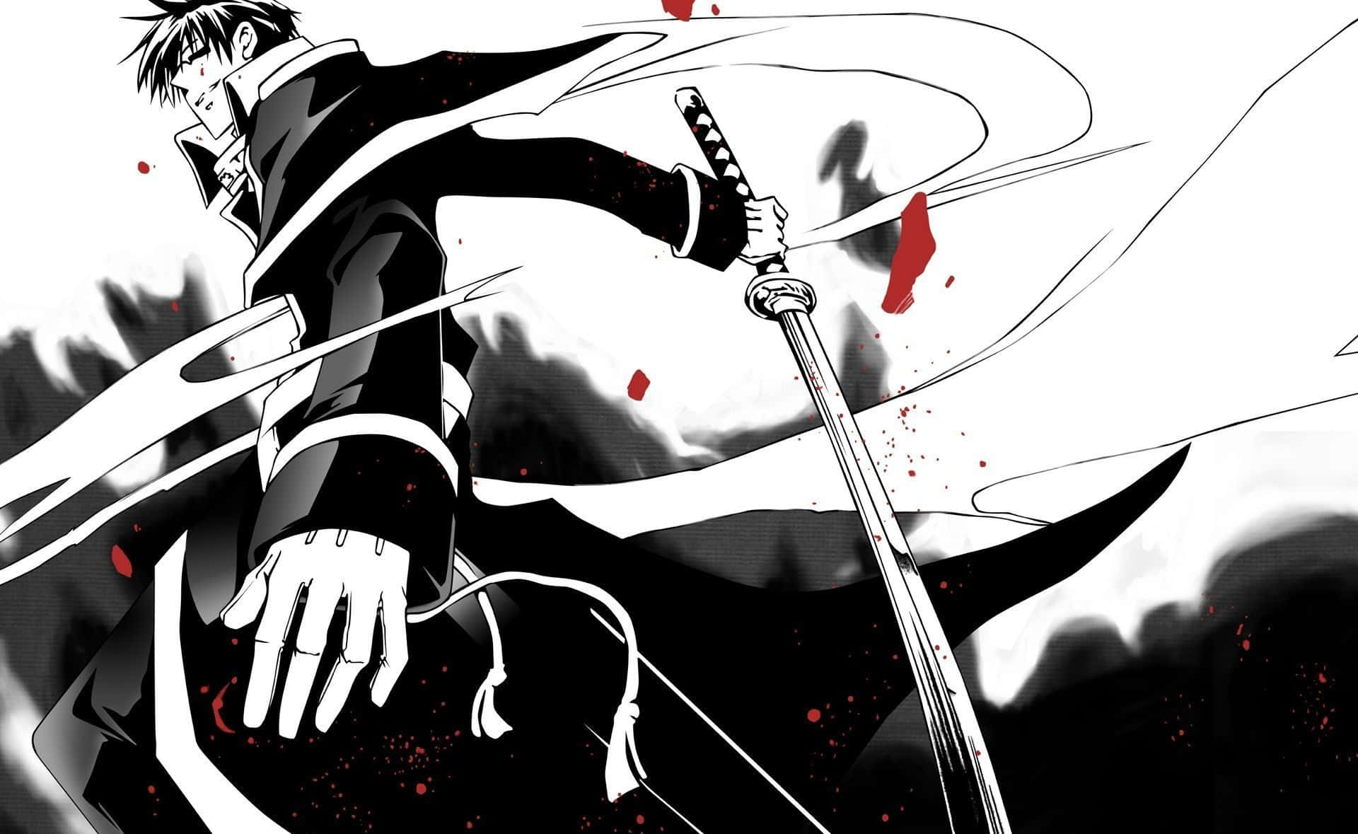 Black And White Anime 桌布 壁紙 — 一個充滿動感的動漫戰士用武士刀揮砍，紅色鮮血在鮮明的黑白背景上飛濺。