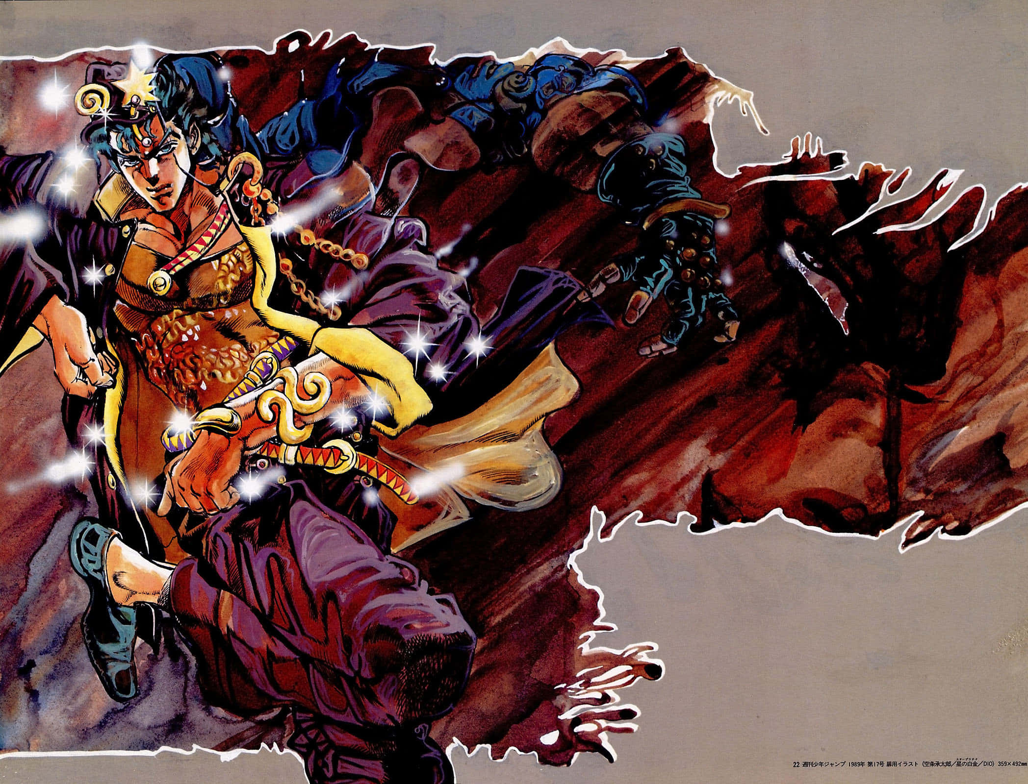 Jojo's Bizarre Adventure 桌布 壁紙 — 一個充滿動感的動漫戰士穿著華麗盔甲，穿過撕裂的紅棕色背景，伴隨著發光的能量效果。