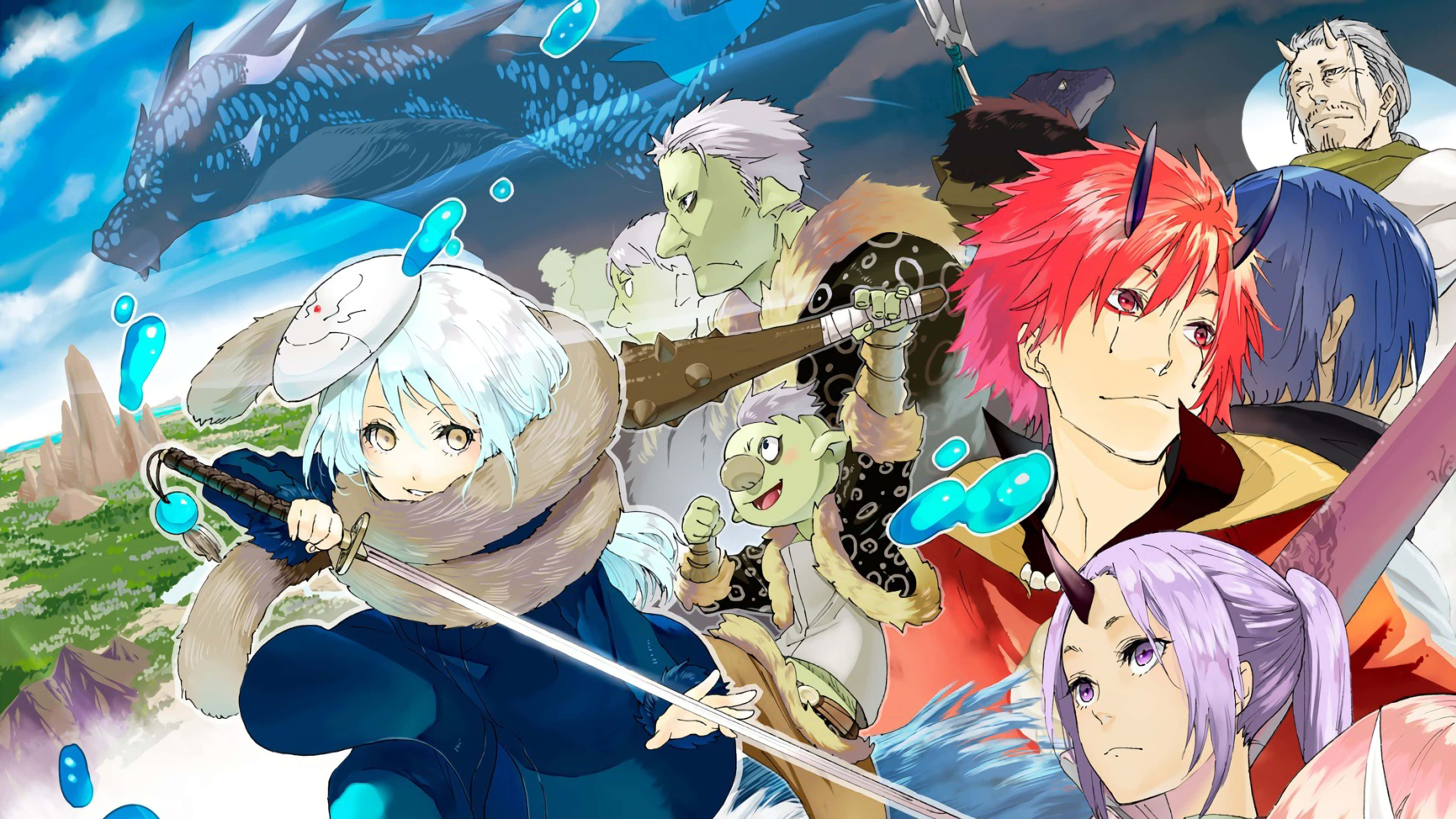 That Time I Got Reincarnated As A Slime 桌布 壁紙 — 一個充滿動感的動漫戰士與怪物群體在明亮的藍天下激戰，一條巨龍在頭頂翱翔。