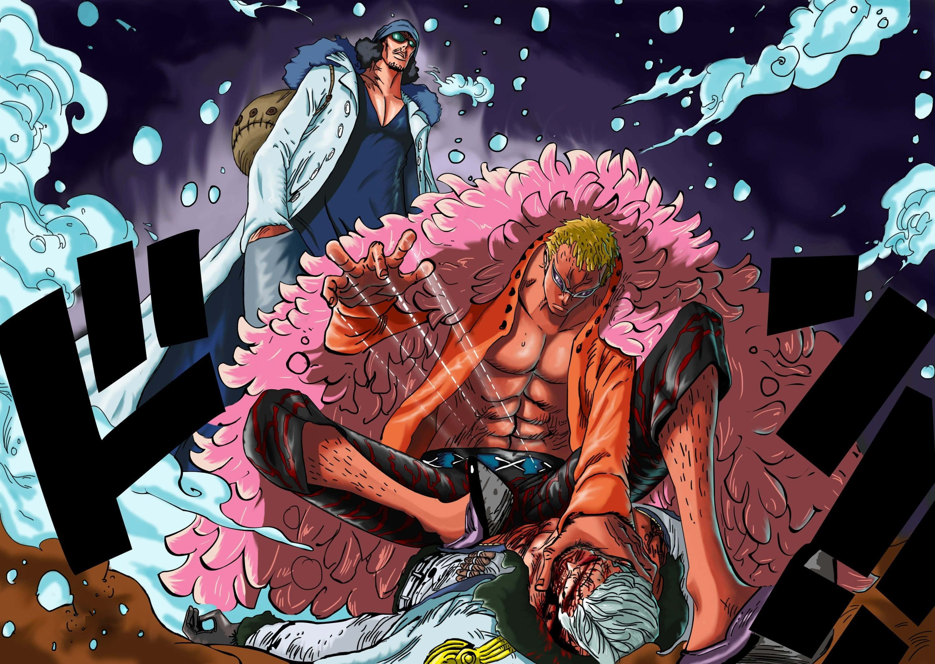 Donquixote Doflamingo 桌布 壁紙 — 一個充滿動感的動漫戰鬥場景，一名肌肉發達的男子穿著粉紅色毛皮大衣，在飛濺的水花和戲劇性的烏雲中戰鬥。
