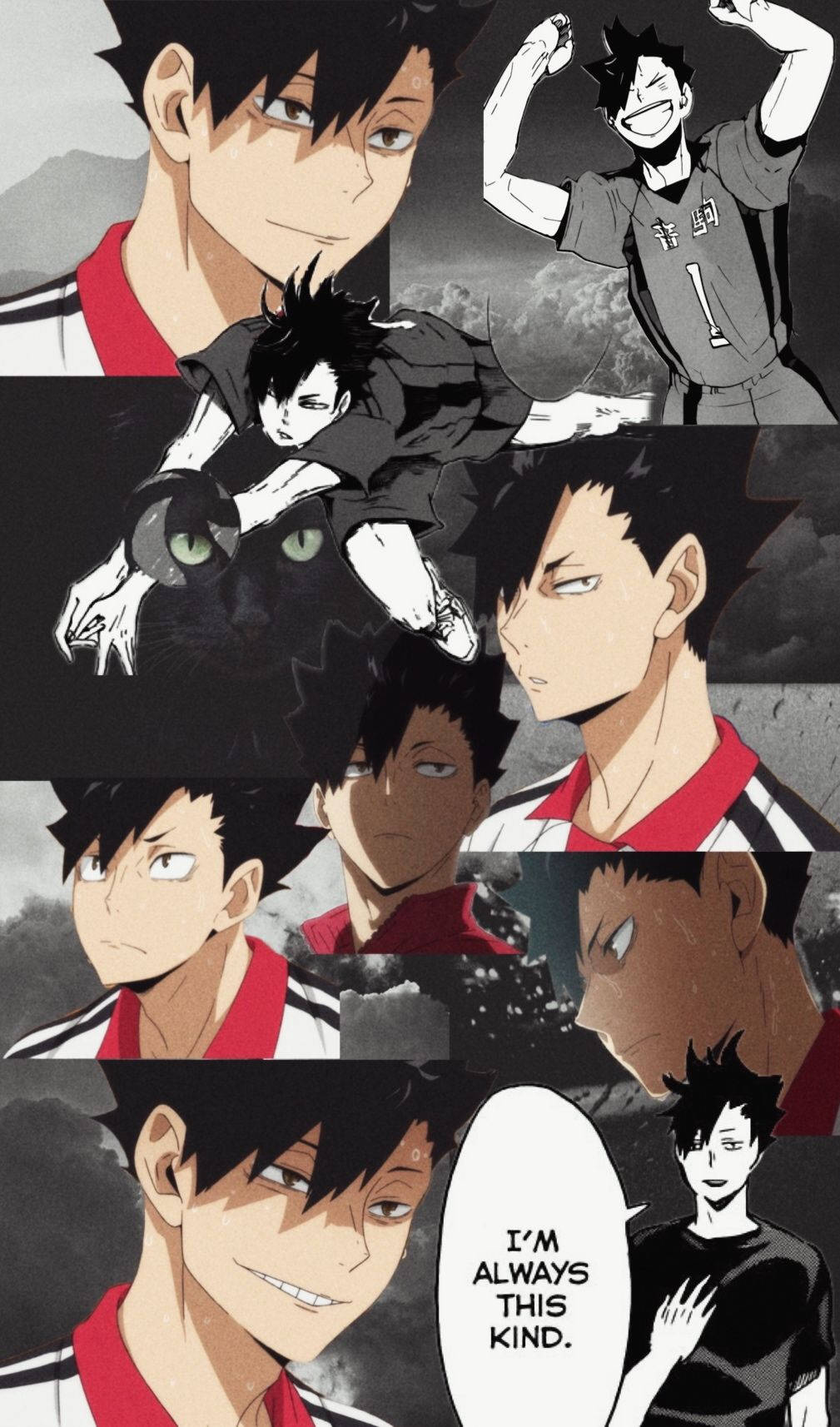 Kuroo 桌布 壁紙 — 一個充滿動感的動漫拼貼，描繪一位身穿紅白球衣、意志堅定的排球運動員，展現各種激烈的姿勢和表情。