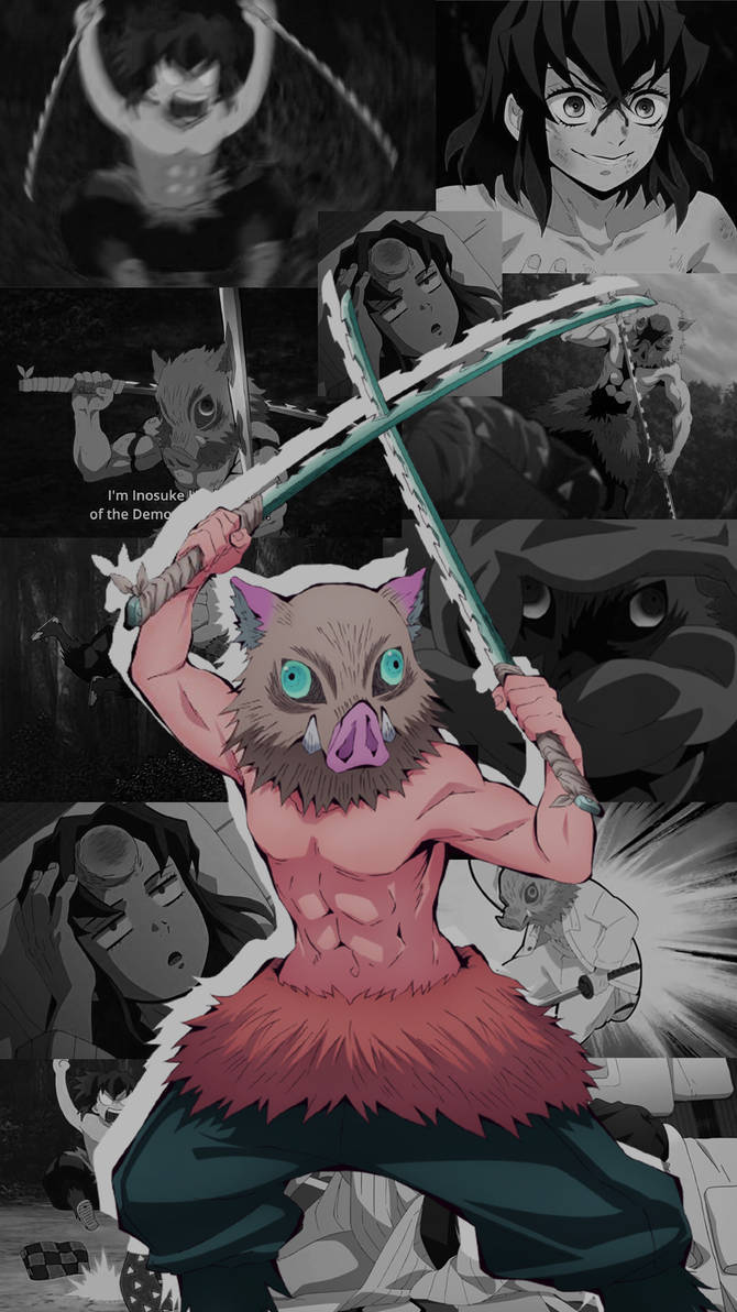 鬼滅之刃 桌布 壁紙 — 一個充滿動感的動漫拼貼畫，以豬臉惡魔戰士揮舞交叉劍為中心，周圍環繞著強烈的黑白角色面板。