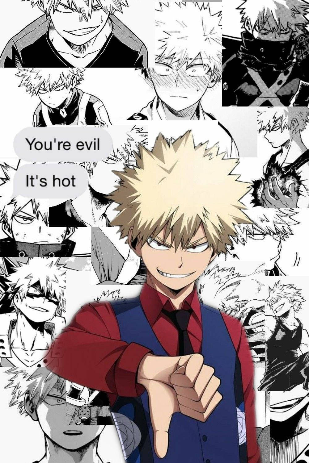 Cute Bakugou 桌布 壁紙 — 一個充滿動感的動漫拼貼畫，包含多個表情豐富的肖像，主角是紅色和藍色服裝的尖刺頭髮角色，並帶有醒目的對話氣泡。