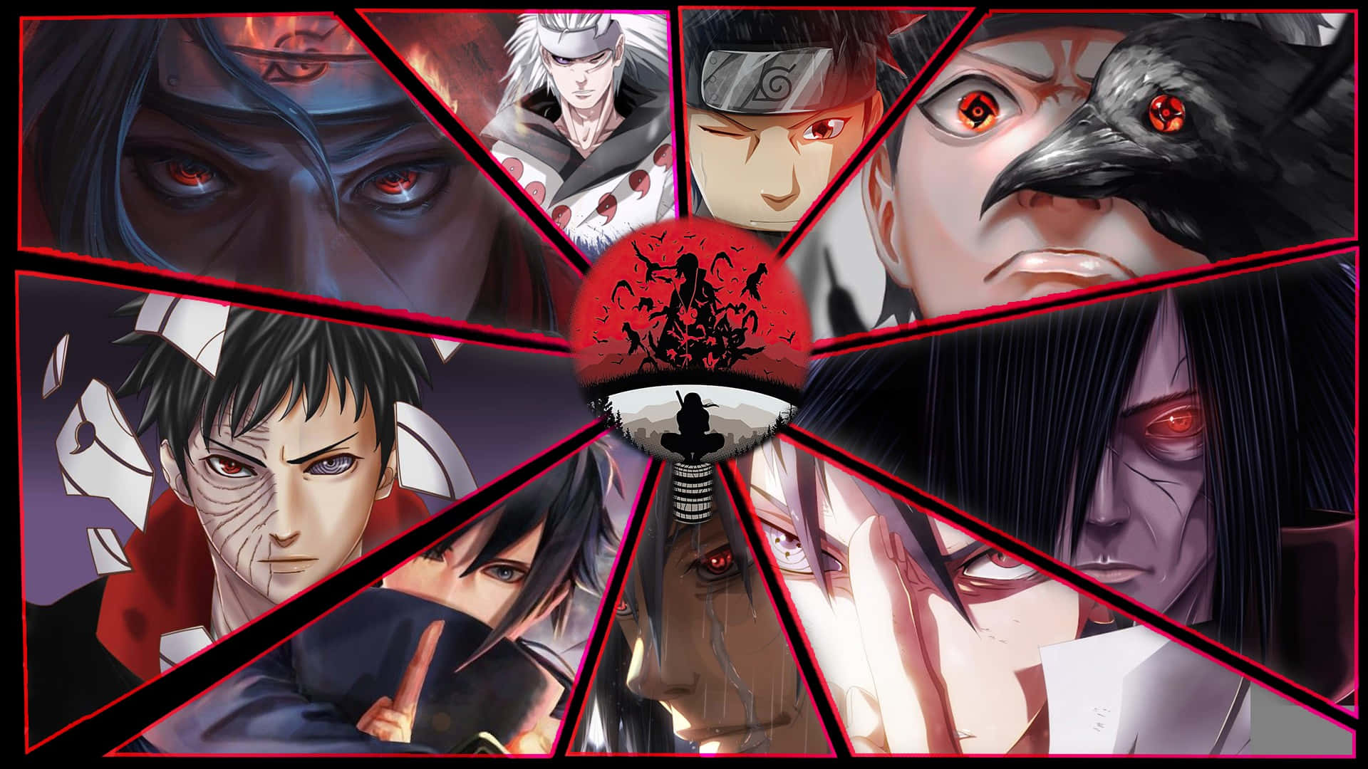 Itachi Mangekyou Sharingan 桌布 壁紙 — 一個充滿動感的動漫拼貼畫，描繪了擁有發光紅眼和黑暗主題的激烈忍者角色，並以紅色幾何線條框住。